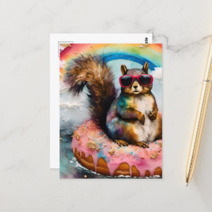 Squirrel on Floating Glazed Doughnut Funny Sweet Postcard