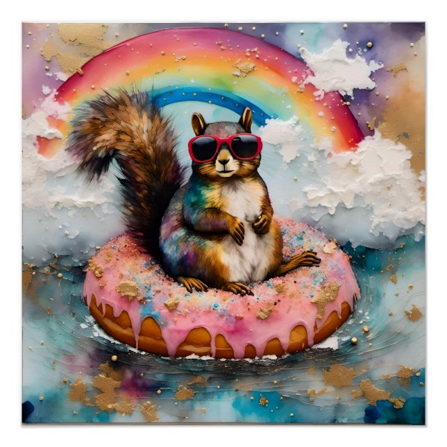 Squirrel on Floating Glazed Doughnut Funny Vacatio Poster (Front)