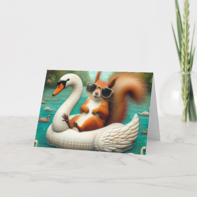 Squirrel on Floating Swan Funny Summer Vacation Card (Front)