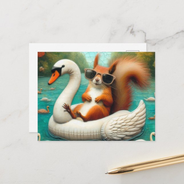 Squirrel on Floating Swan Funny Summer Vacation Postcard (Front/Back In Situ)