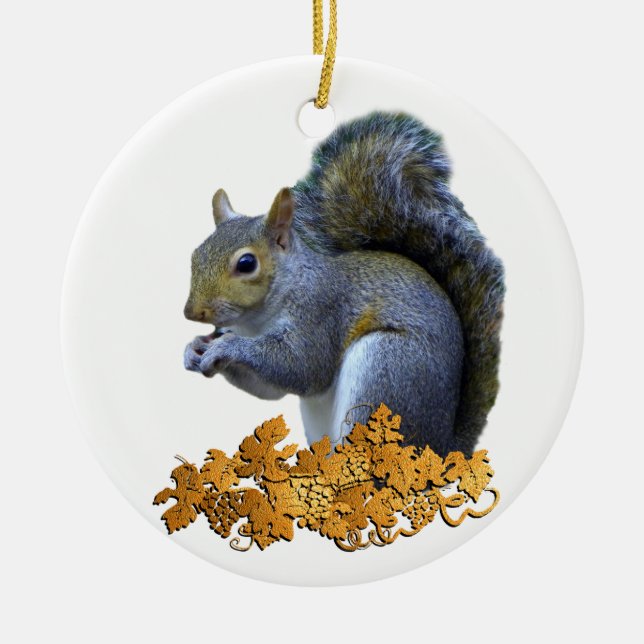 Squirrel on Golden Leaves Ceramic Ornament (Front)