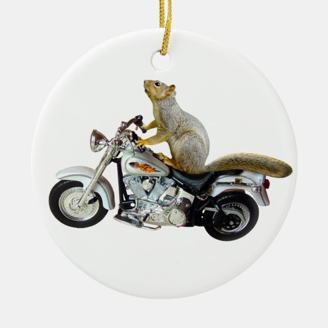 Squirrel on Motorcycle Ceramic Ornament (Front)