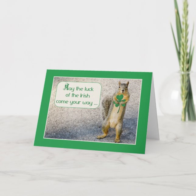 Squirrel on st. Patrick’s Day, Holding Shamrock Card (Front)