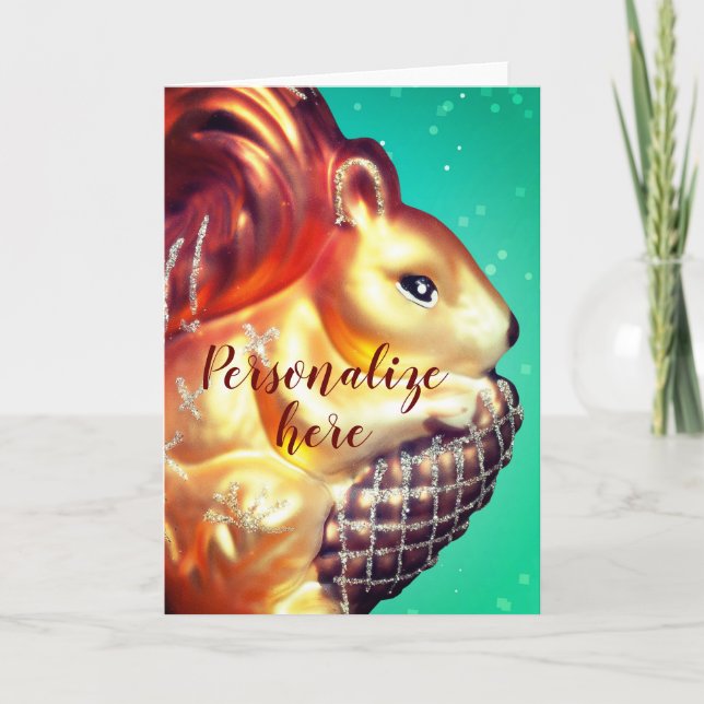 Squirrel pinecone vintage fall winter teal gold card (Front)