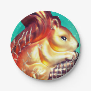 Squirrel pinecone vintage fall winter teal gold paper plate