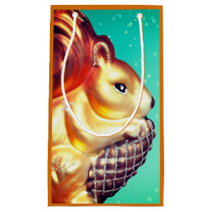 Squirrel pinecone vintage fall winter teal gold small gift bag