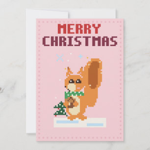 Squirrel Pink Pixel Art Christmas Card
