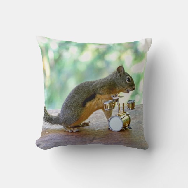 Squirrel Playing Drums Throw Pillow (Front)