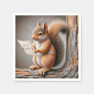 Squirrel Reading a Birthday Party Invite Napkin