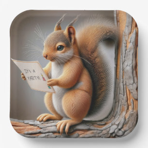 Squirrel Reading a Birthday Party Invite Paper Plate