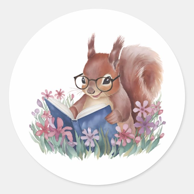 Squirrel Reading A Book, Nestled In Flowers Classic Round Sticker (Front)
