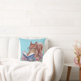 Squirrel Reading A Book, Nestled In Flowers Throw Pillow