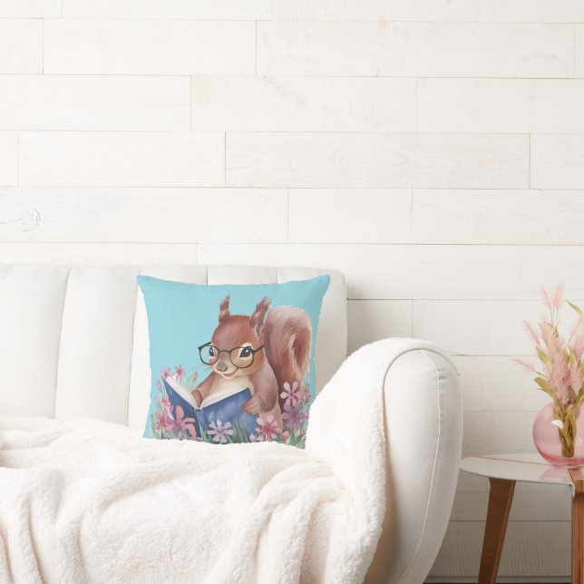 Squirrel Reading A Book, Nestled In Flowers Throw Pillow (Couch)