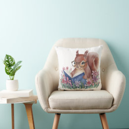 Squirrel Reading A Book, Nestled In Flowers Throw Pillow