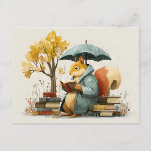 Squirrel Reading Books Under an Umbrella Postcard
