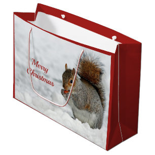 Squirrel Red Berry Snow Photo Christmas Large Gift Bag