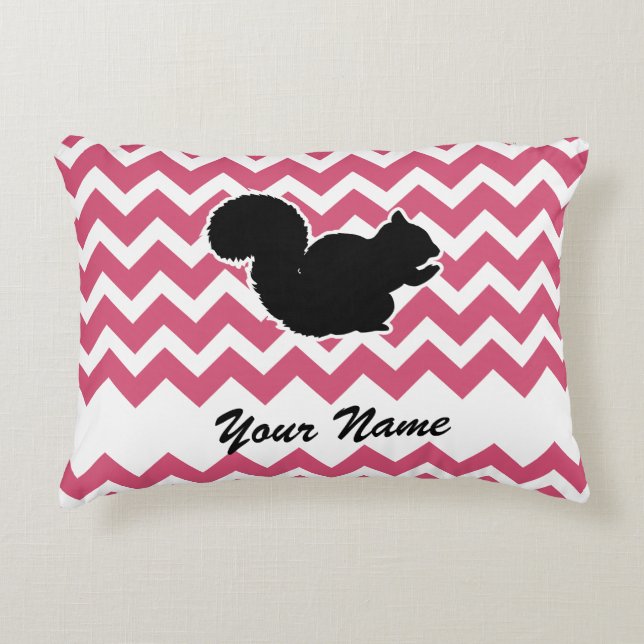 Squirrel Silhouette with Pink Chevron Pattern Decorative Pillow (Front)
