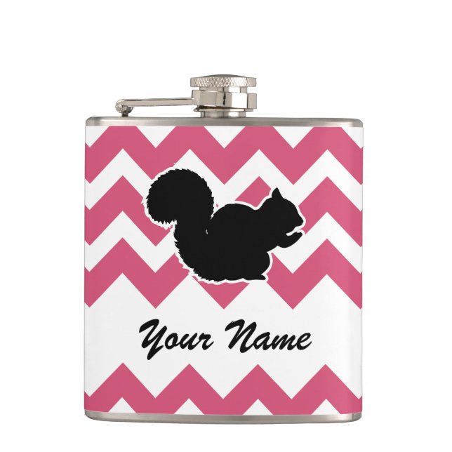 Squirrel Silhouette with Pink Chevron Pattern Hip Flask (Front)
