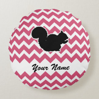 Squirrel Silhouette with Pink Chevron Pattern Round Pillow