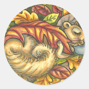 SQUIRREL SLEEPING UNDER AUTUMN LEAVES, SEASONAL CLASSIC ROUND STICKER