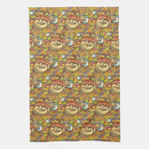 SQUIRREL SLEEPING UNDER AUTUMN LEAVES, SEASONAL KITCHEN TOWEL