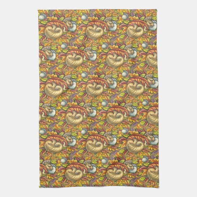 SQUIRREL SLEEPING UNDER AUTUMN LEAVES, SEASONAL KITCHEN TOWEL (Vertical)