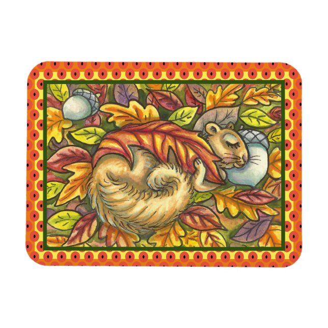 SQUIRREL SLEEPING UNDER AUTUMN LEAVES, SEASONAL MAGNET (Horizontal)