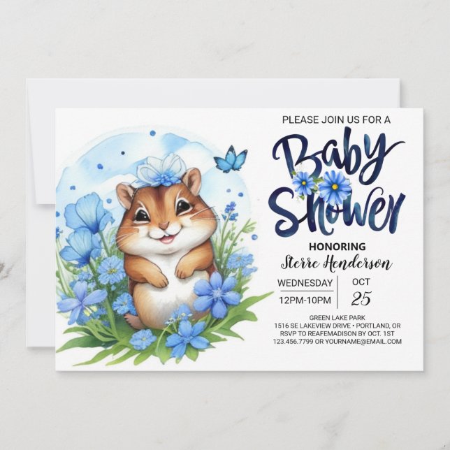 Squirrel Sweetness Floral Blue Boy Baby Shower Invitation (Front)