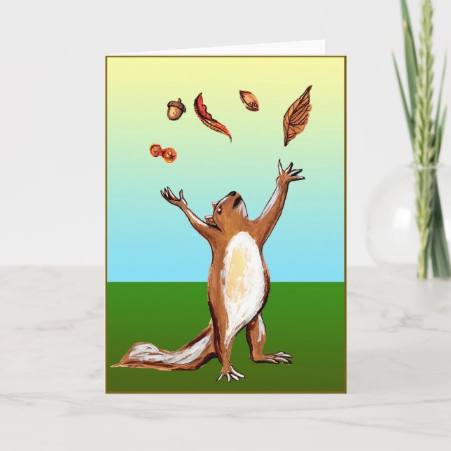Squirrel Throwing Nuts Leaves Fall In The Air Card (Front)