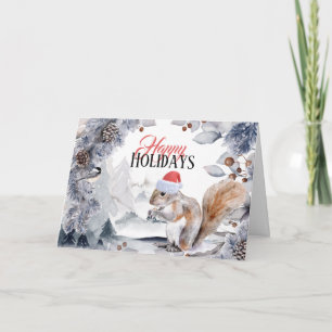 Squirrel wearing Santa hat winter forest landscape Card