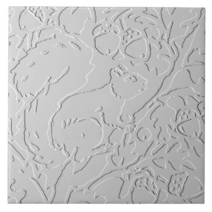 Squirrel White Grey Black Embossed Woodland Acorn Tile