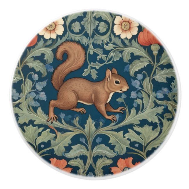 Squirrel William Morris style Right Facing Floral Ceramic Knob (Front)