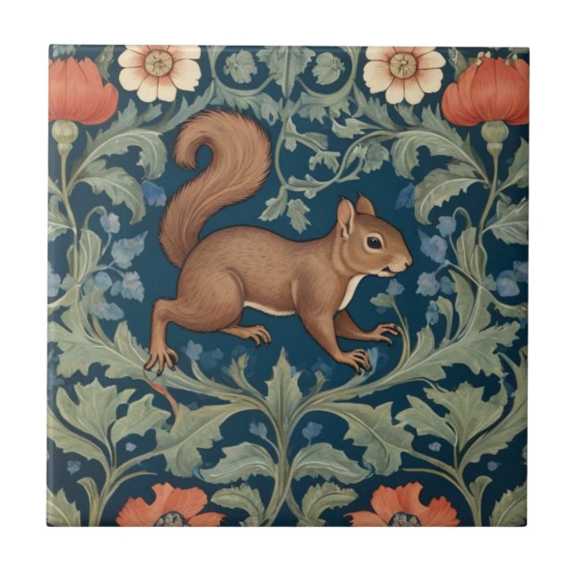 Squirrel William Morris style Right Facing Floral Tile (Front)