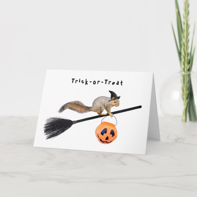 Squirrel Witch Trick-or-Treat Halloween Card (Front)