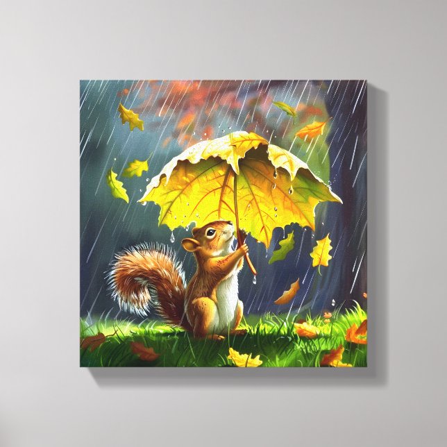 Squirrel With A Leafy Umbrella Canvas Print (Front)