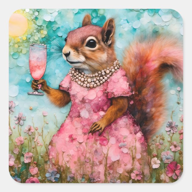 Squirrel with a Pink Dress and a Drink Square Sticker (Front)