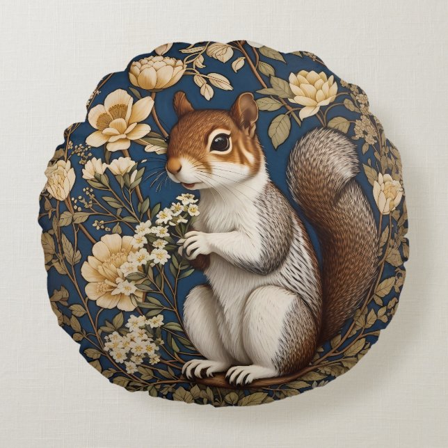 Squirrel With Acacia Flowers William Morris Round Pillow (Front)