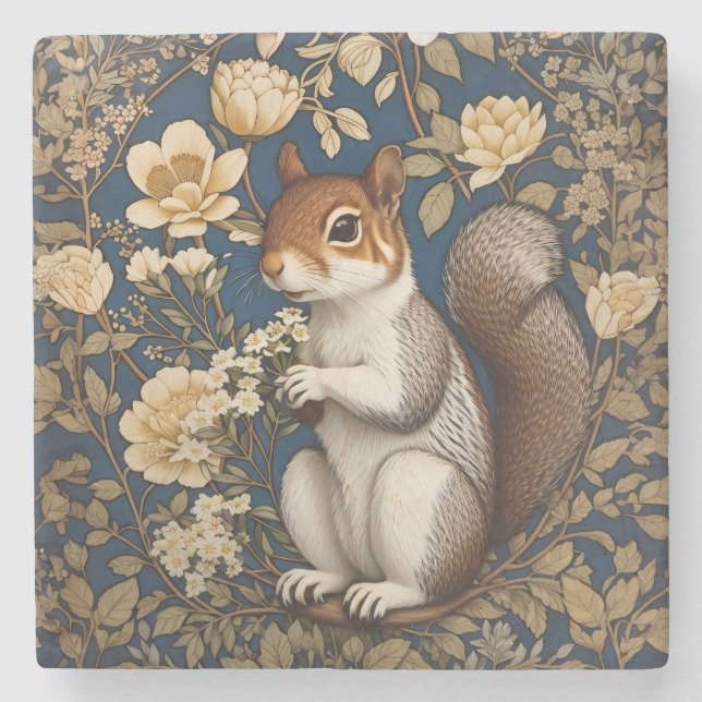 Squirrel With Acacia Flowers William Morris Stone Coaster (Front)