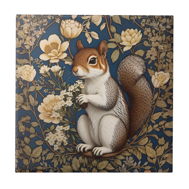 Squirrel With Acacia Flowers William Morris Tile (Front)