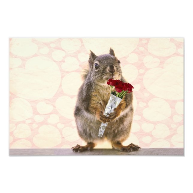 Squirrel with Bouquet of Red Roses Photo Print (Front)