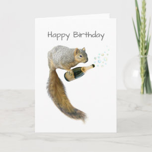 Squirrel with Champagne Birthday Card