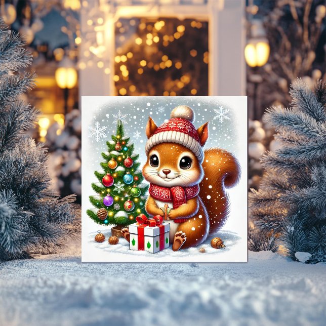 Squirrel with Christmas Tree and Gift Holiday Card (Creator Uploaded)