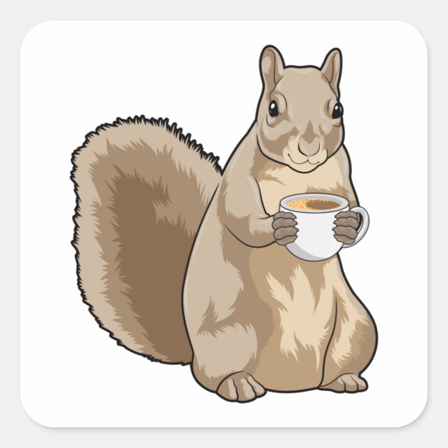 Squirrel with Cup of Coffee Square Sticker (Front)