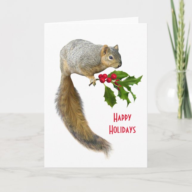 Squirrel with Holly Holiday Card (Front)