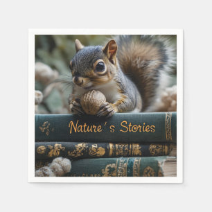 Squirrel with Nut on Antique Books, Nature's Story Napkin