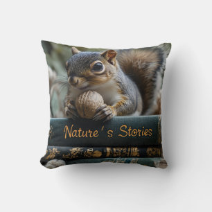 Squirrel with Nut on Antique Books, Nature's Story Throw Pillow