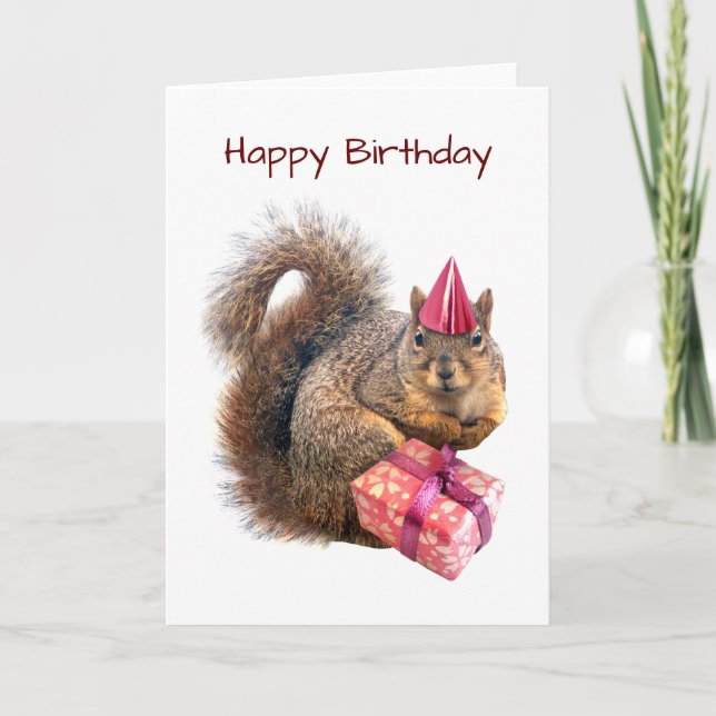 Squirrel with Pink Hat and Gift Birthday Card (Front)