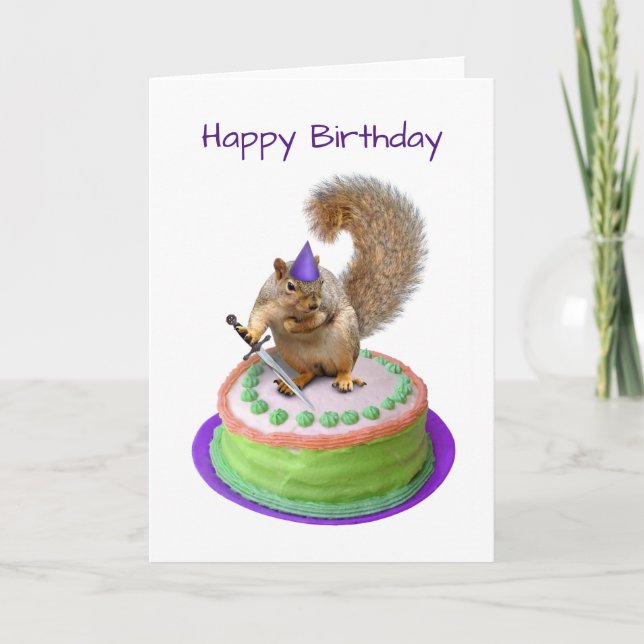 Squirrel with Sword in Cake Birthday Card (Front)