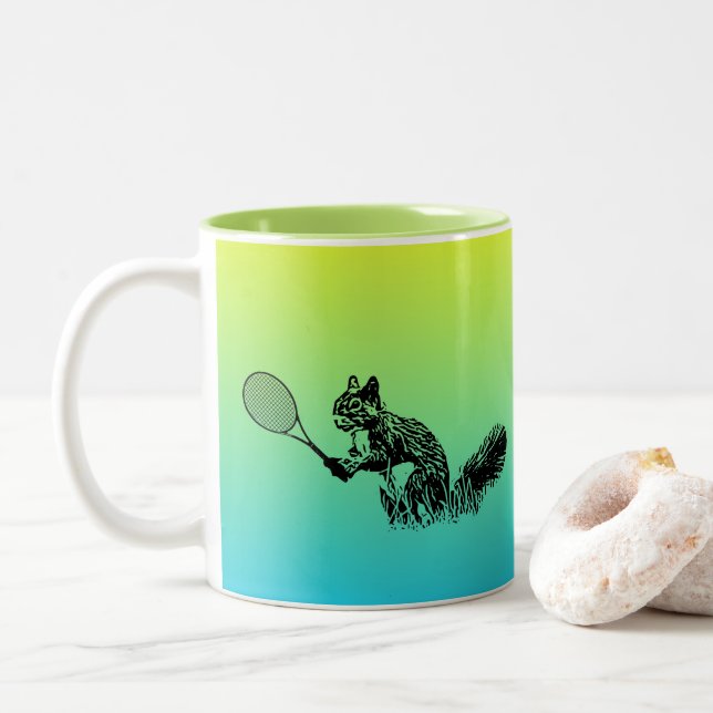 Squirrel With Tennis Racket on Tropical Background Two-Tone Coffee Mug (With Donut)