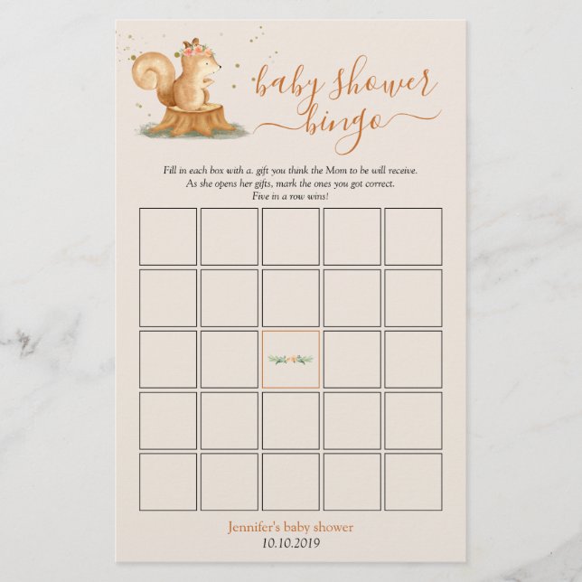 Squirrel Woodland Animals Baby Shower Bingo Game (Front)